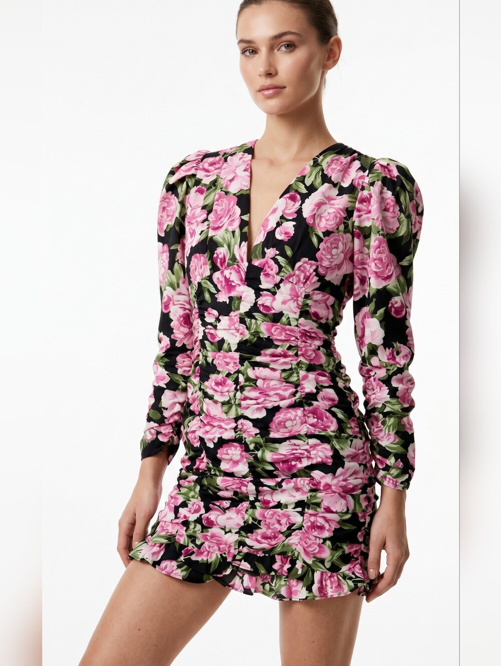 Milk & Honey Floral Ruched V-Neck Dress - Pink Roses on Black -NWT -S